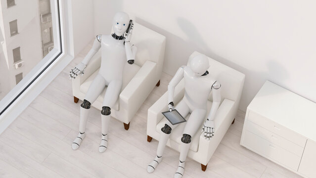 Two robots sitting on armchairs with tablet and smartphone, 3D Rendering