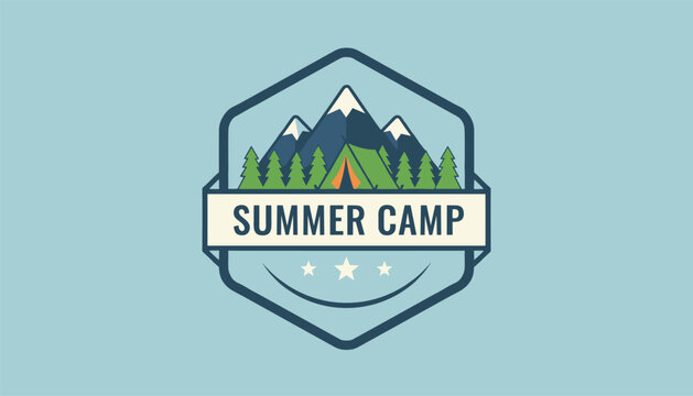 Outdoor adventure emblem named Summer Camp showing pine trees and a tent beneath snow capped mountain peaks.