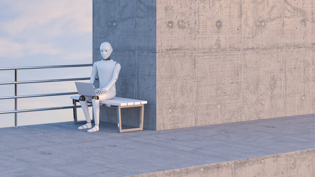 Robot sitting on bench, using laptop