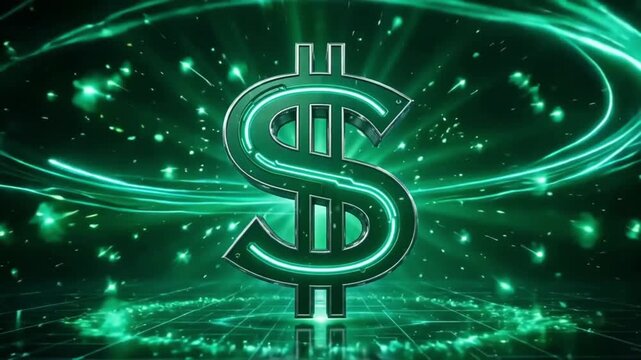 Futuristic 3D dollar sign icon glowing with neon green emerald light, surrounded by energy particles and cinematic light streaks on a dark black background.