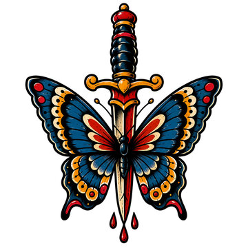 Vibrant blue butterfly tattoo design with ornate symmetrical patterns and decorative elements isolated on transparent background