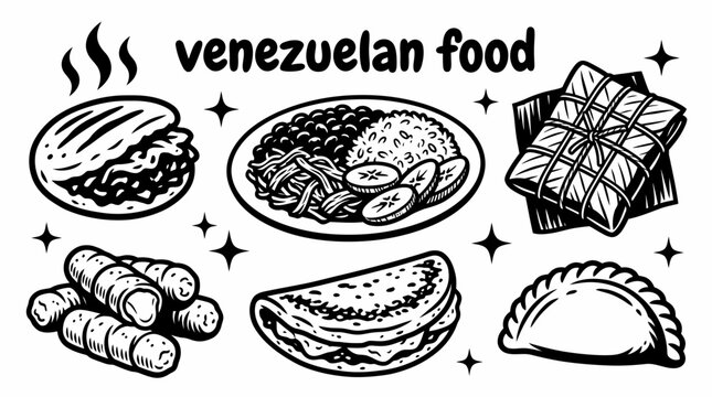 Venezuelan foods featuring arepas pabellon criollo hallacas tequenos cachapas empanadas and traditional dishes vector cuisine restaurants food menus culinary tourism street food culture festivals