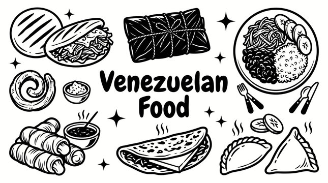 Venezuelan foods featuring arepas pabellon criollo hallacas tequenos cachapas empanadas and traditional dishes vector cuisine restaurants food menus culinary tourism street food culture festivals