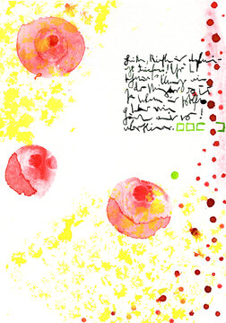 The abstract watercolor painting features asemic writing and a flower