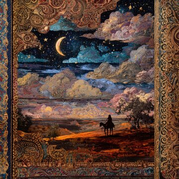 Dreamlike tapestry of a nomad beneath a star-filled sky, a twilight landscape shadowed by ornate baroque motifs, atmospheric blend of folklore and myth, intricate filigree and embroidery, warm chiaro