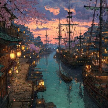 Dreamlike tapestry of an imperial harbor at sunrise with weathered wooden ships moored along a bustling quay, lanterns glowing on calm water, a distant Shogun-era skyline rising above sakura blossoms