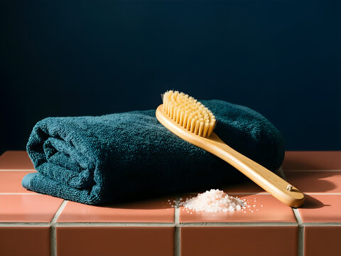 One dark teal towel amber bath brush and pale mineral salts on a dry