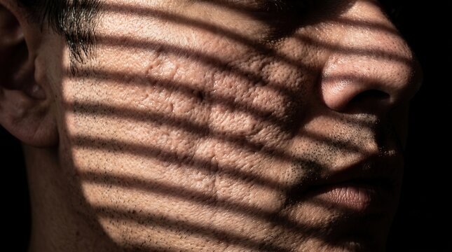 Severe Acne Scars on Male Cheek Skin with Shadow