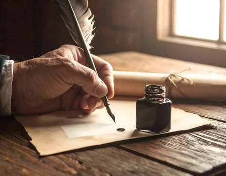 An Aged Hand Gripping a Quill Pen and Dipping into an Inkwell Beside a Rolled Scroll on a Wooden Surface