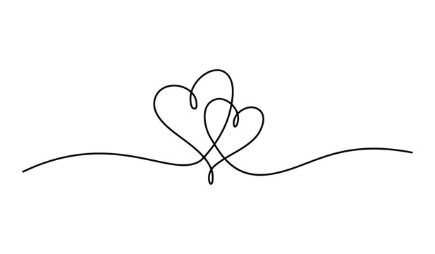 Two connected hearts continuous line art minimalist vector