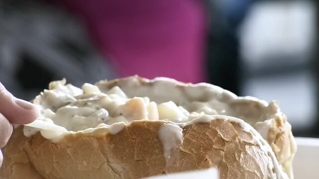 Creamy Seafood Chowder Served Inside Sourdough Bread