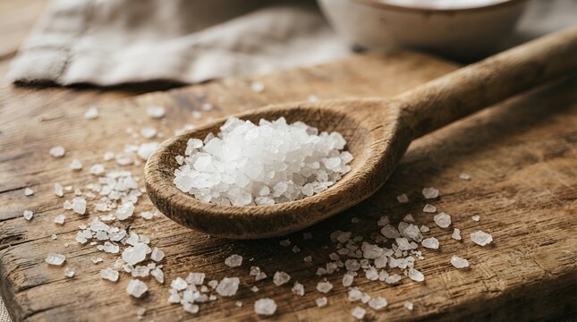 a wooden spoon holding a pile of salt crystals on a distressed surface in bright natural light