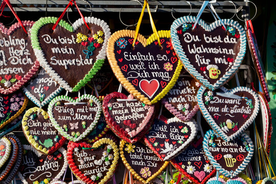 A colorful gingerbread heart hangs at the Munich Oktoberfest