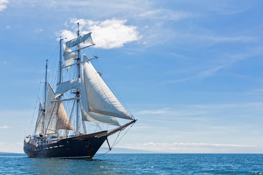Pacific Ocean, sailing ship under sail at Galapagos Islands