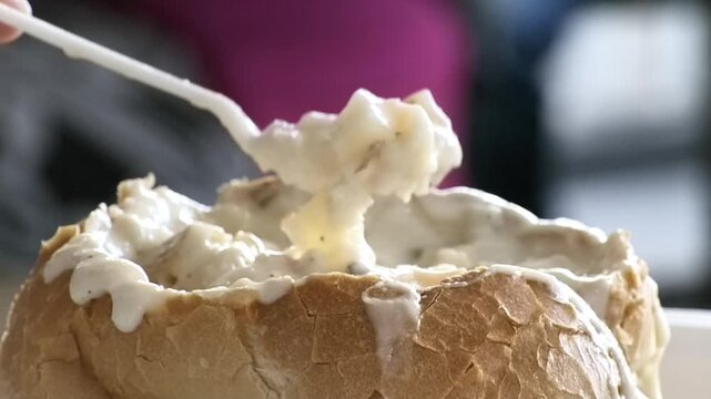 Creamy Seafood Chowder Served Inside Sourdough Bread