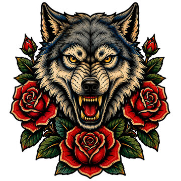 Fierce wolf head snarling with red roses tattoo design vector illustration isolated on transparent background
