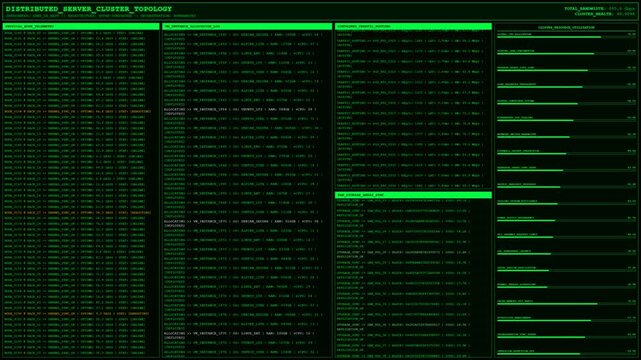 Server data center cloud computing cluster monitoring terminal screen.