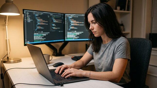 Focused female software engineer coding on laptop with dual monitors displaying code in cozy home office at night
