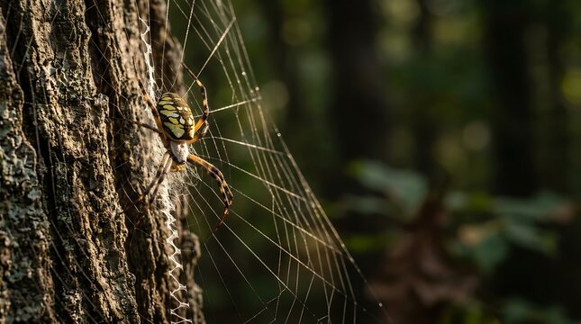 Yellow and black garden spider waiting on intricate web against tree bark