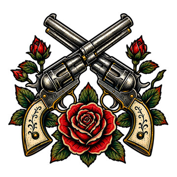 Crossed pistols and red rose vintage tattoo design vector illustration for biker or gangster theme
