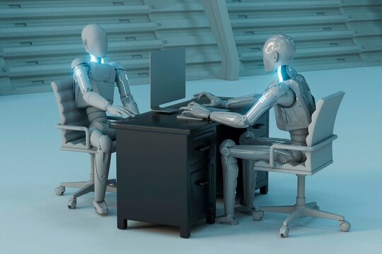Humanoid robots are working at a desk in a futuristic office