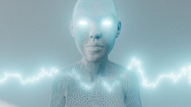 3D humanoid representing artificial intelligence and market data