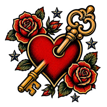Vintage violin and red rose heart tattoo design with stars and floral elements isolated on transparent background