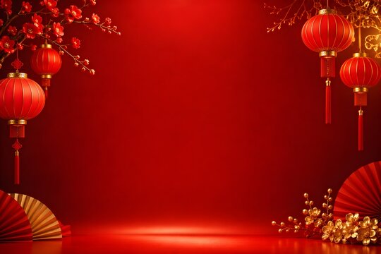 Chinese New Year Background with Red Lanterns Paper Fans and Blossom Branches on Red Surface with Copy Space