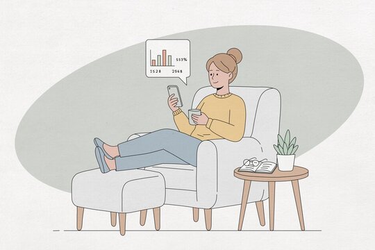 Woman analyzes finance data on smartphone while relaxing at home