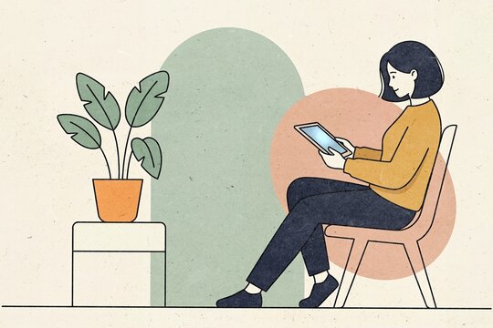 Woman reads on a tablet indoors for remote freelance work