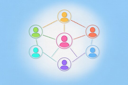 Colorful avatar icons form a digital community network