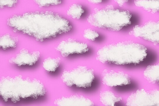 Fluffy white cloud pattern covers a soft pink pastel background