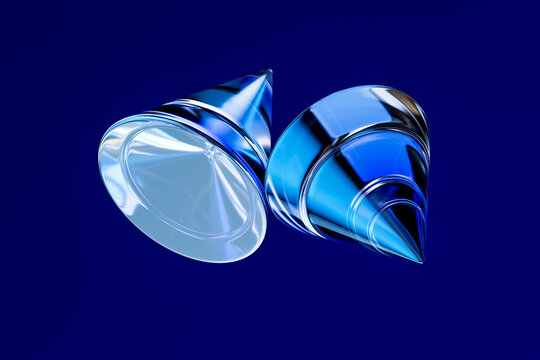 Two transparent glass cones float on a dark blue background