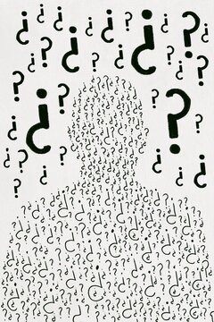Illustration shows a human silhouette made of question marks