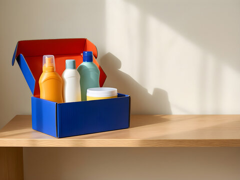 One cobalt open box holding three clean household items