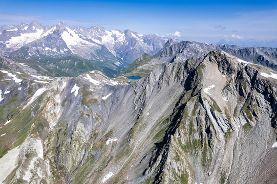 Aerial view of Great Saint Bernard Pass from Aosta into Switzerland