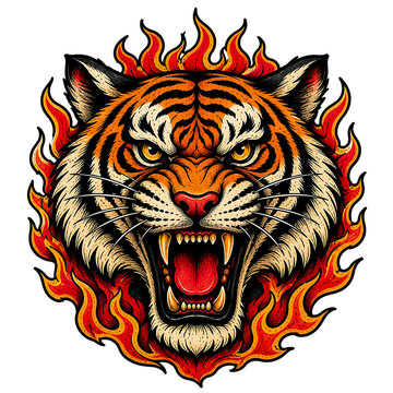 Fierce tiger head with flames roaring in aggressive isolated illustration for tattoo design