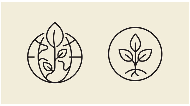 Ecology icons showing globe with growing plant and sprouting sapling inside circles environment sustainable conservation seedling agriculture wildlife reforestation