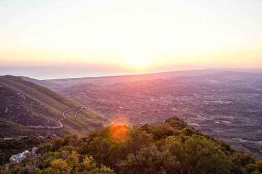 Greece, Peloponnese, Elis, Hills at sunset near Smerna and Zacharo