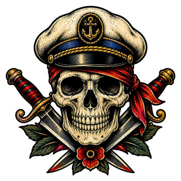 Pirate skull with navy captain hat and crossed swords in bold tattoo style vector illustration