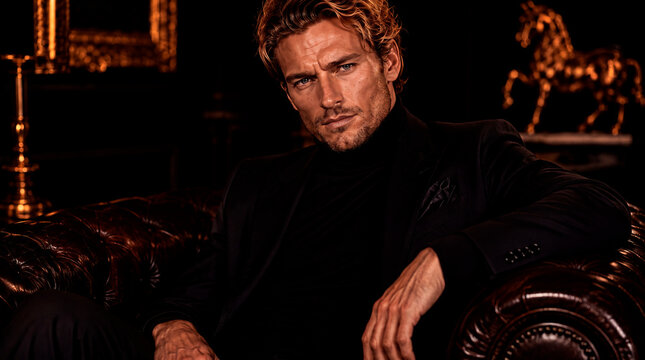 Elegant blond male model wearing a black suit and turtleneck, seated on a classic leather Chesterfield sofa in a dark luxurious interior with warm amber lighting and sophisticated decor. Cinematic hig