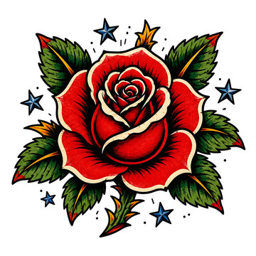 Vintage red rose tattoo design with green leaves and decorative stars on transparent background