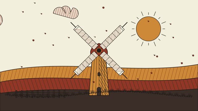 Windmill rotating with striped blades and sunlit countryside