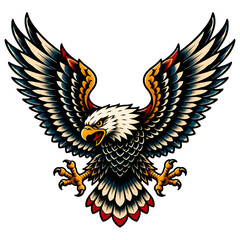 Fototapeta premium Bald eagle soaring with wings spread in fierce patriotic tattoo vector illustration style
