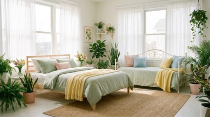 Fototapeta premium Bright Bedroom with Natural Light and Abundant Green Plants