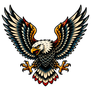 Bald eagle soaring with wings spread in fierce patriotic tattoo vector illustration style