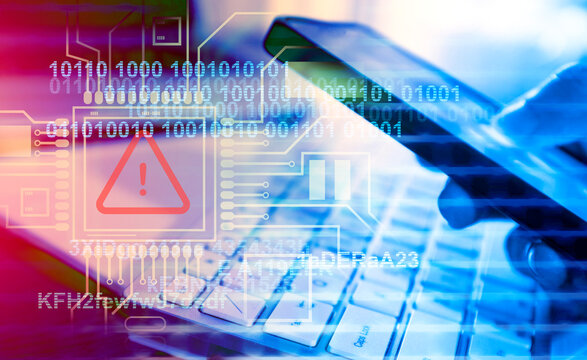 AI Malware attack virus alert , malicious software infection , cyber security awareness training to protect business information from threat attacks