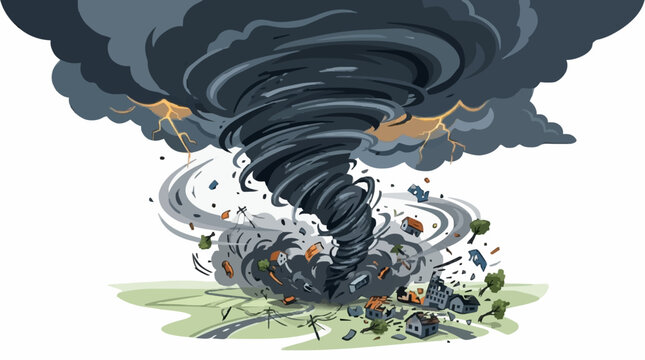 Powerful tornado funnel, swirling wind, weather disaster, modern vector, isolated white background.