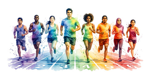 Obraz premium Sports Day Marathon Challenge: Running competition design highlighting a champion, victory, teamwork, and vibrant group concept.