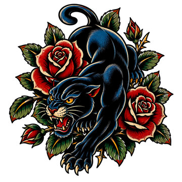 Black panther head roaring with vibrant red roses tattoo design vector illustration isolated on transparent background